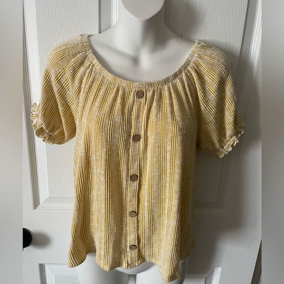 Anthropologie W5 Boho Yellow /white Top With Puffed Peasant Short Sleeves Sz L - Picture 1 of 4